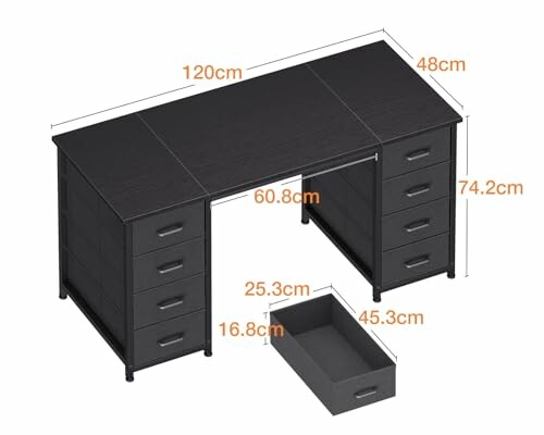 Black office desk with dimensions labeled in centimeters for easy measurement.