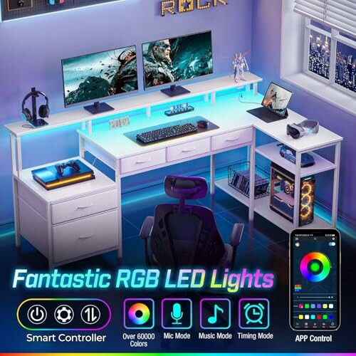 Modern gaming desk setup with RGB LED lights and dual monitors.