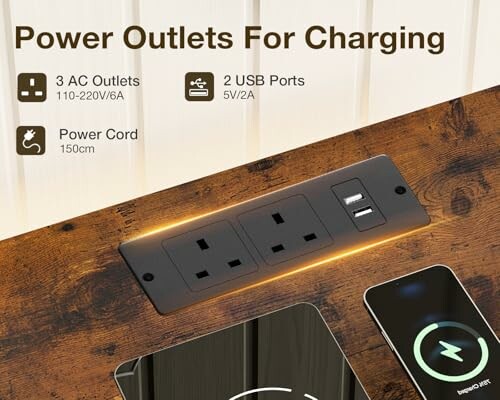 Built-in power outlets and USB ports for charging on a wooden surface.